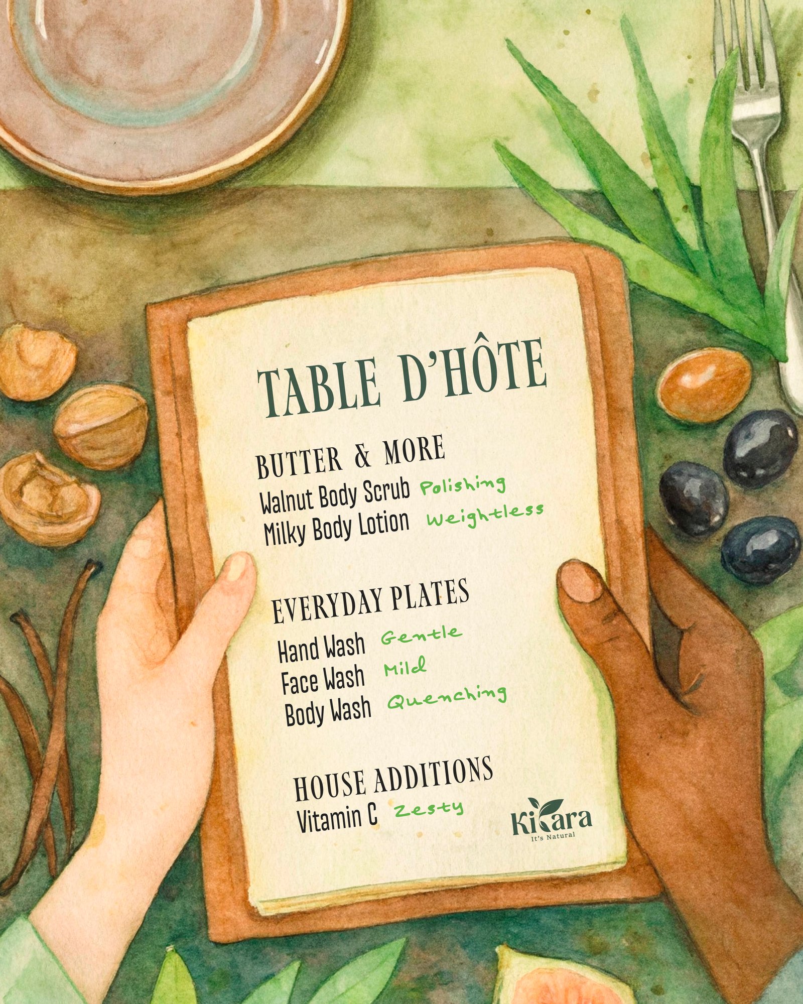 Illustrated table of Kiyara everyday products